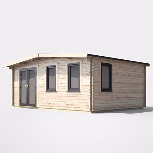 Powersheds Premium Apex Chalet Log Cabin in Natural Brown with Double Doors, Toughened Glass Windows and EPDM Rubber Roofing (Left Orientation Door)