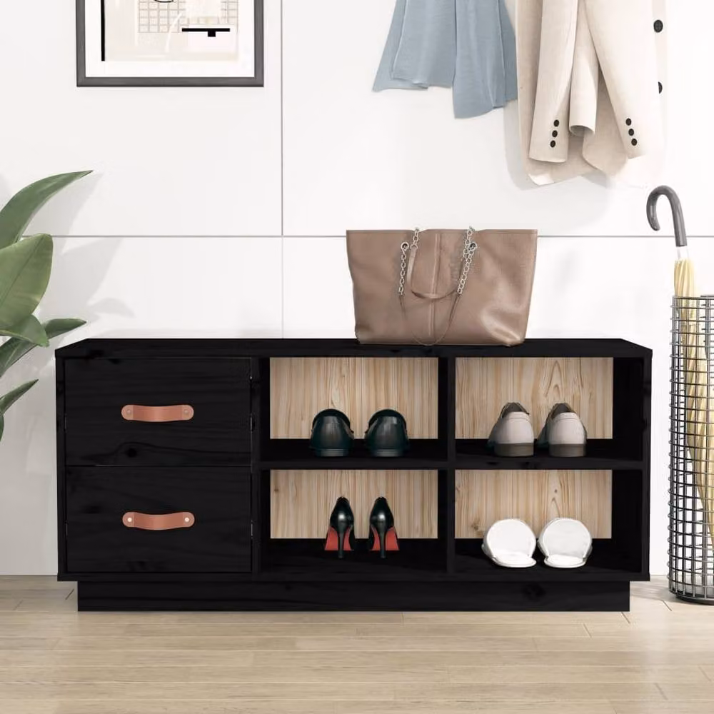 Berkfield Home Black Solid Wood Pine Shoe Bench, W/D/H: 100 x 34 x 45 cm – 2