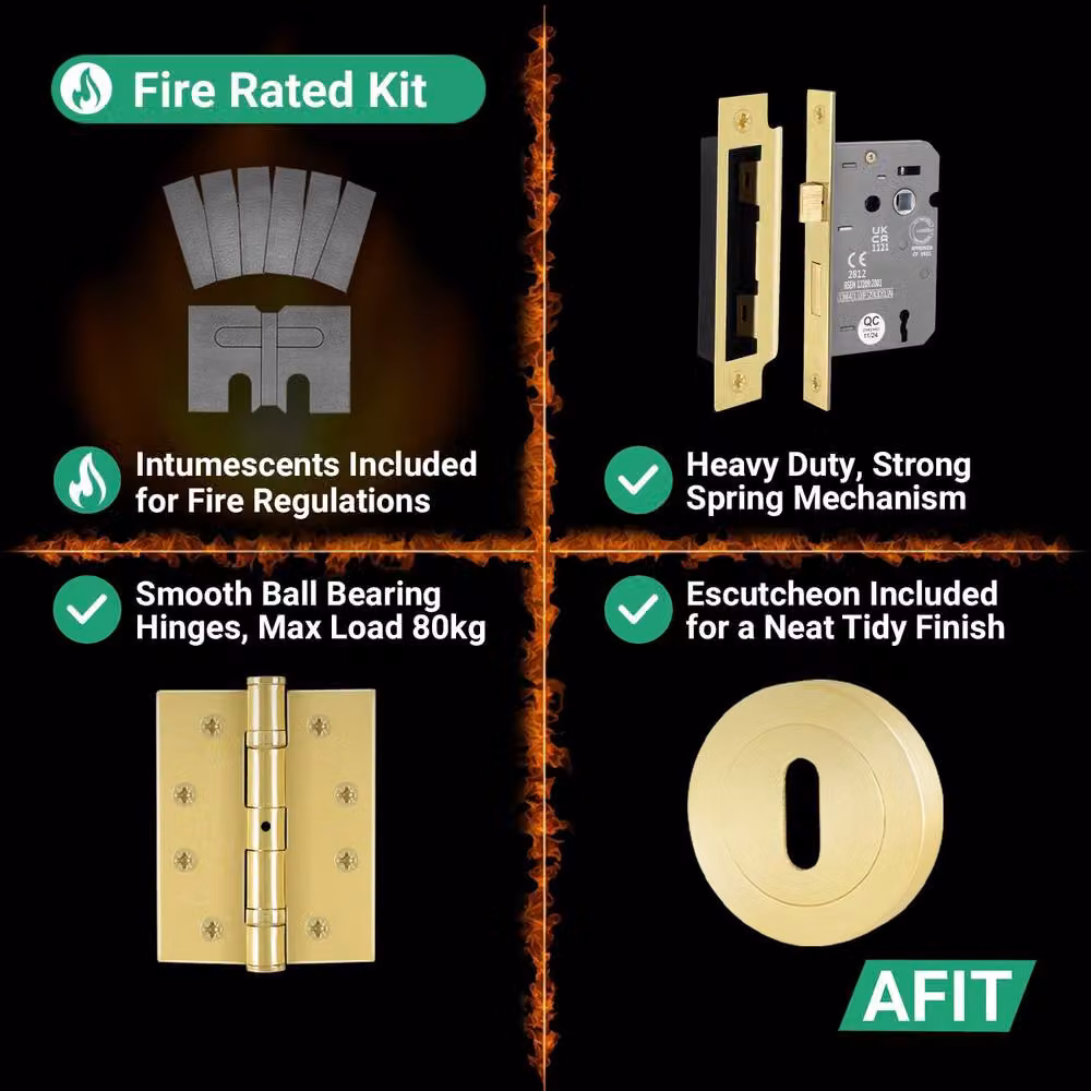 AFIT Boston Gold Satin Brass Fire Door Handle, Rosette, Sashlock and Hinge Set – 3