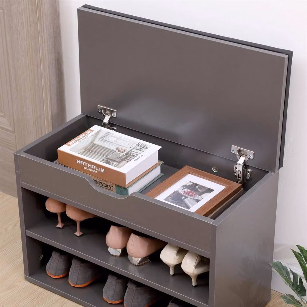 FORGEVIO Modern Wooden Shoe Rack Storage Cabinet with Grey Synthetic Leather Cushion Seat – 3