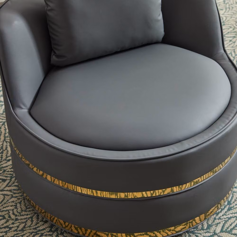 Matteo Grey Synthetic Leather 360 Degree Swivel Barrel Accent Chair with Gold Trim – 2