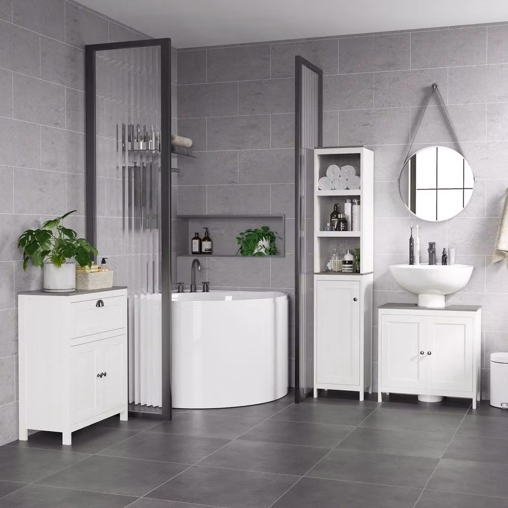 NESTLUNE Bathroom Furniture Set in Antique White with Tall Cabinet, Side Cabinet, Vanity Unit and Adjustable Internal Shelves – 4