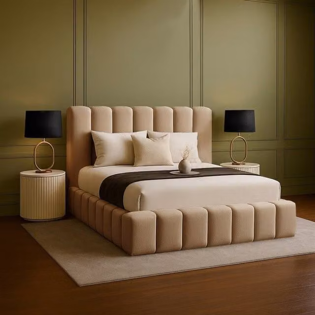 Desire Deco Daisy Upholstered Plush Velvet Bed Frame in Beige – 1
