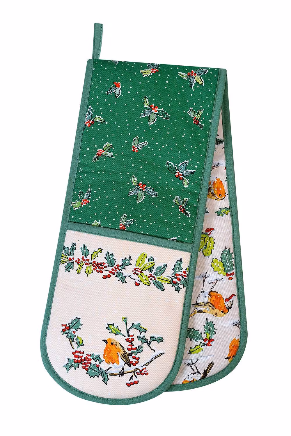 Ulster Weavers Christmas Robins Festive Print 100% Cotton Double Oven Glove in Green – 2