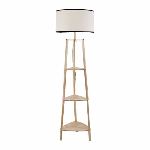 ValueLights Natural Wood 3 Tier Shelf Floor Lamp with Black Trim Drum Shade and LED Bulb – 1