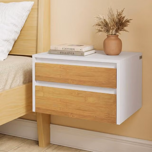SoBuy White Wall-Mounted Floating Nightstand with Integrated Lighting and Push-to-Open Drawers – 1