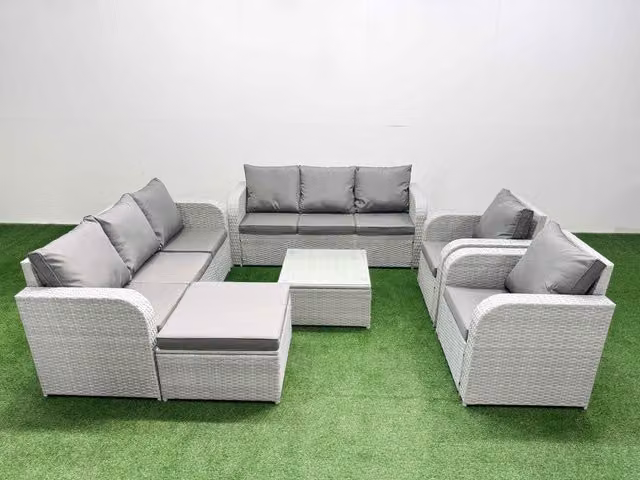 Fimous PE Rattan High Back Lounge Sofa Set in Light Grey with 3 Seater Sofa, Reclining Chair, Big Footstool and Square Coffee Table