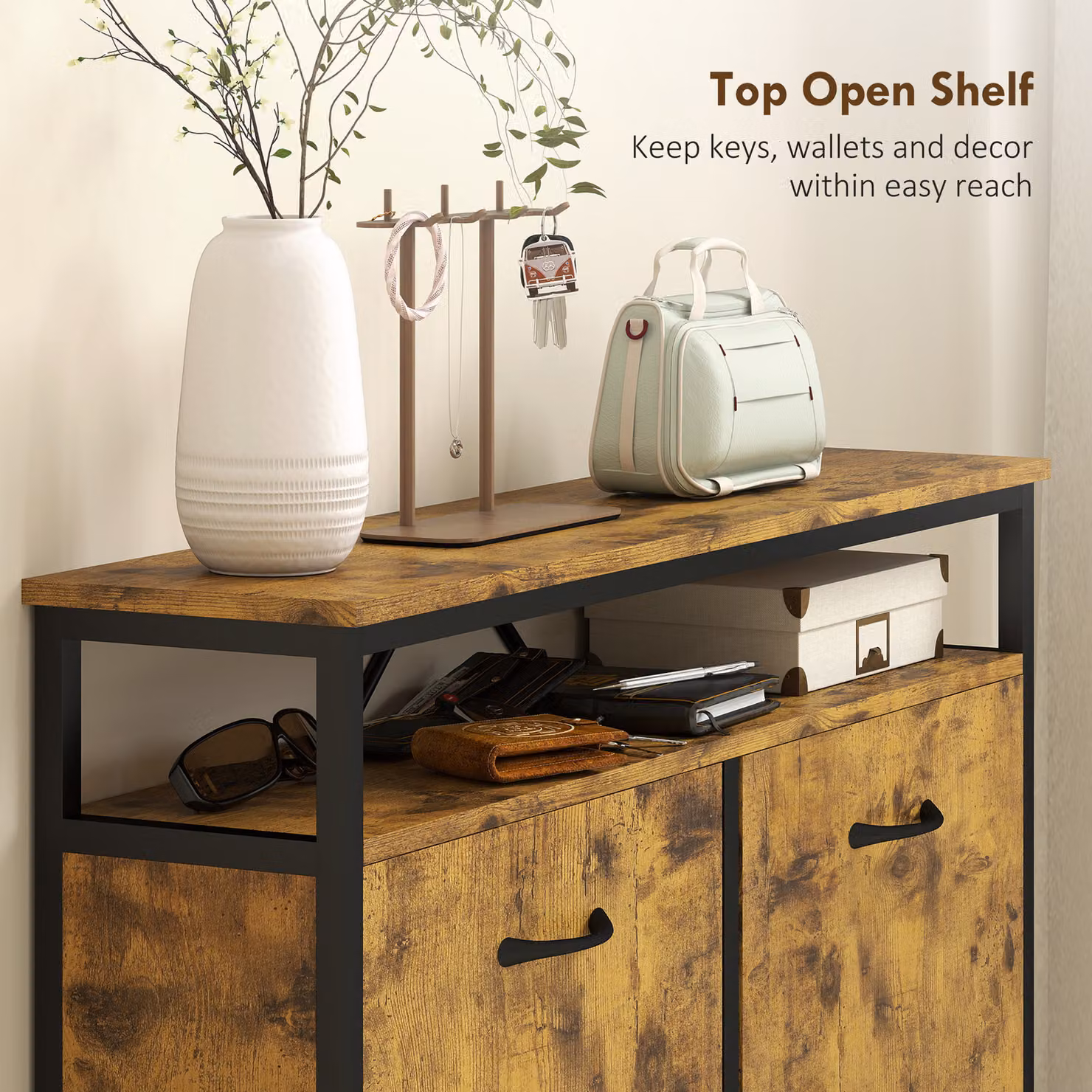HOMCOM Industrial Shoe Storage Cabinet with 4 Tilting Compartments and Open Shelf, Brown and Black – 3
