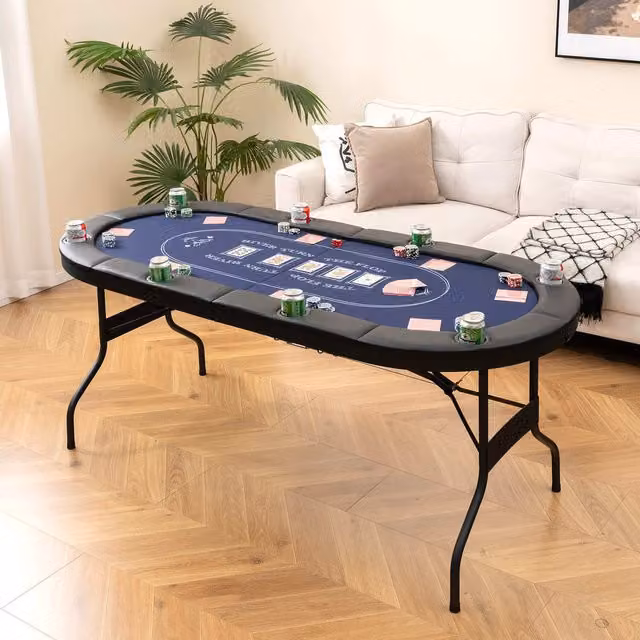 COSTWAY Foldable Oval Poker Table in Blue