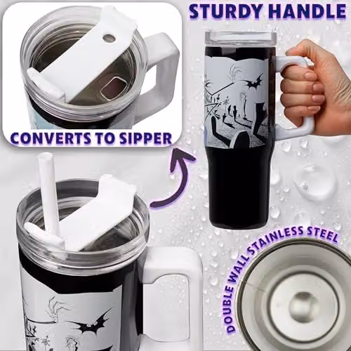 Disney Nightmare Before Christmas Insulated Stainless Steel Tumbler with Straw, Black and White, 940 ml – 4