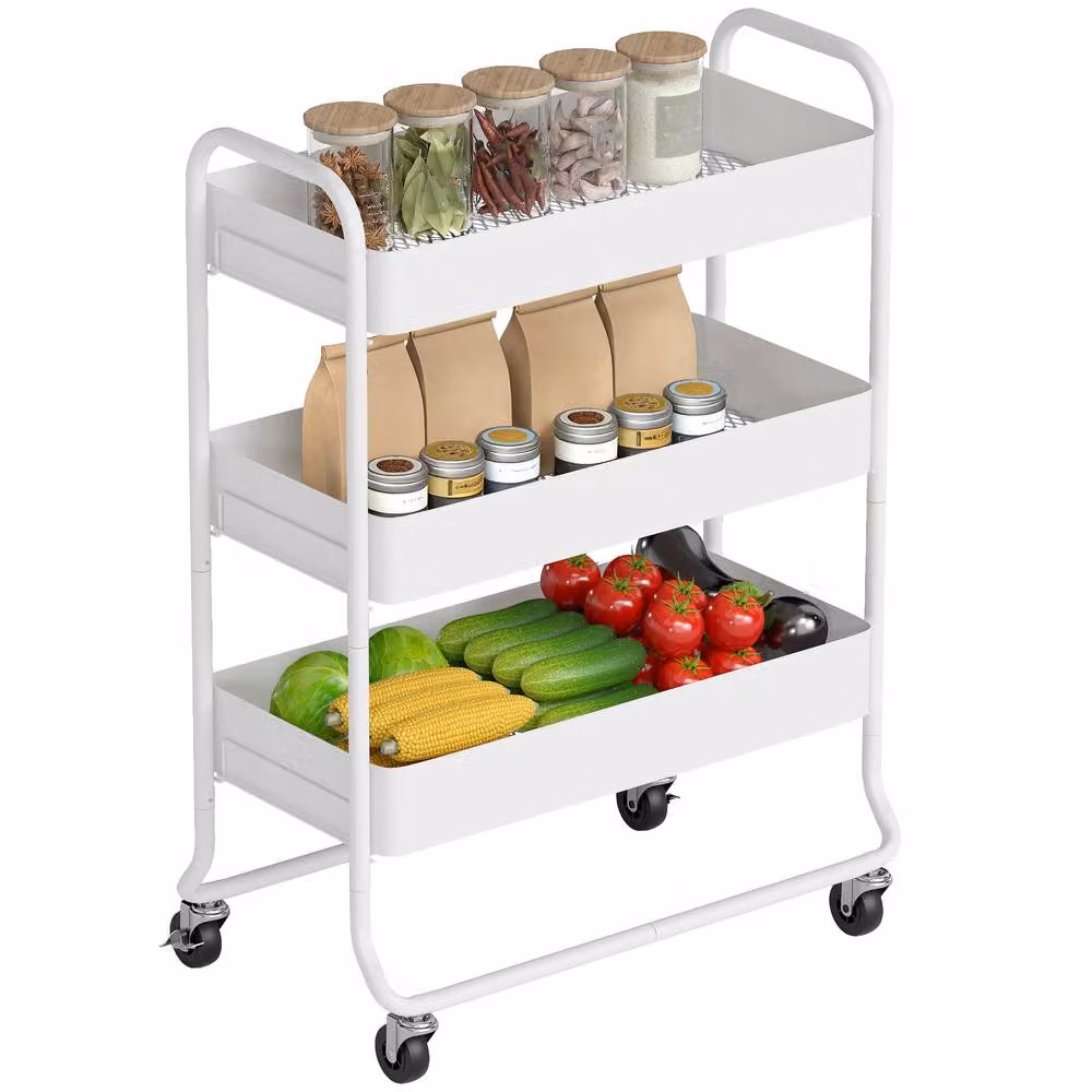 HOMCOM 3-Tier Metal Storage Trolley with Mesh Baskets and Wheels, White – 2