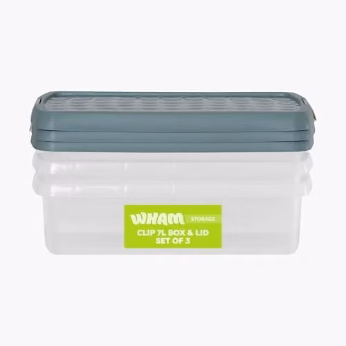 Wham Clip Set of 3 Stackable Plastic Storage Boxes with Lids, 7L Each, Transparent and Green