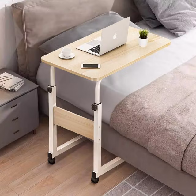 Living and Home Height Adjustable Mobile Overbed Desk with Wheels in Beige – 1
