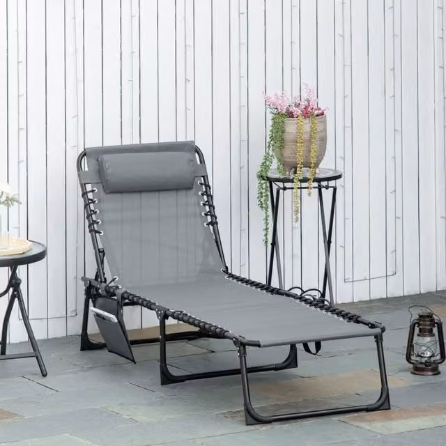Outsunny Portable Folding Camping Sun Lounger in Grey with Adjustable Headrest and Side Compartments