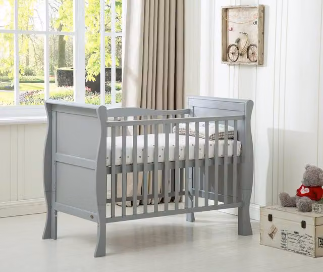 MCC Direct CozyCubs Savannah Wooden Curved Sleigh Baby Cot Bed with Mattress, Grey, W/D/H: 120 x 60 x 60 cm