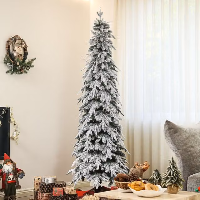 HOMCOM Green Flocked Pencil Christmas Tree with Auto Open and Steel Base, Height: 213.36 cm – 1