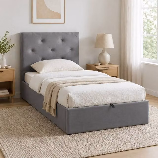 STILVORA Single Bed Frame with Gas Lift Storage and Tufted Headboard in Grey