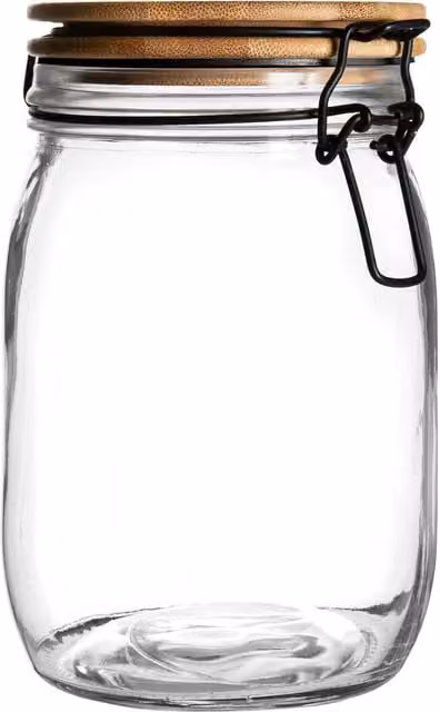 Argon Tableware Transparent Glass Storage Jar with Black Clip Lid and Wooden Top, 1 l