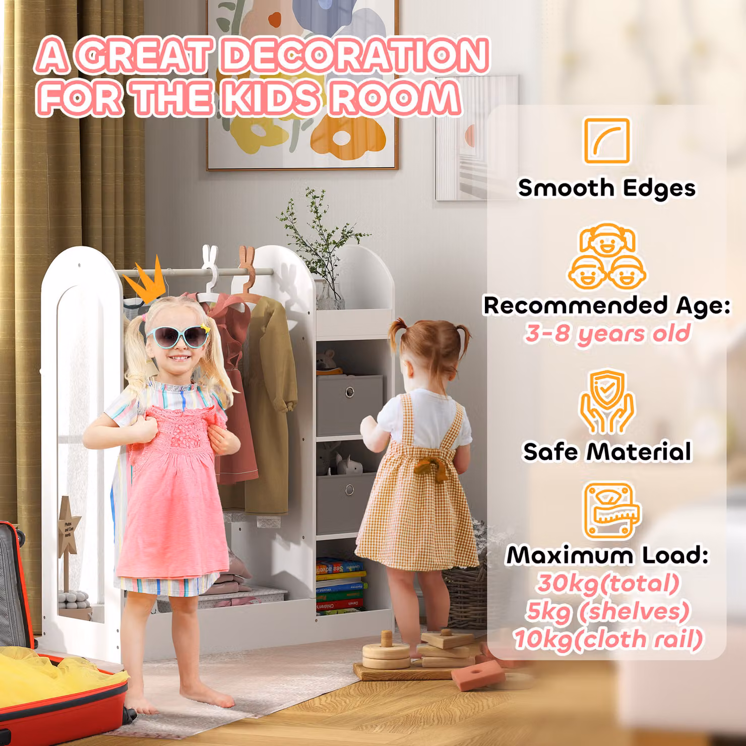 AIYAPLAY Kids Clothes Rail with Storage Shelf, Boxes and Mirror in White – 3