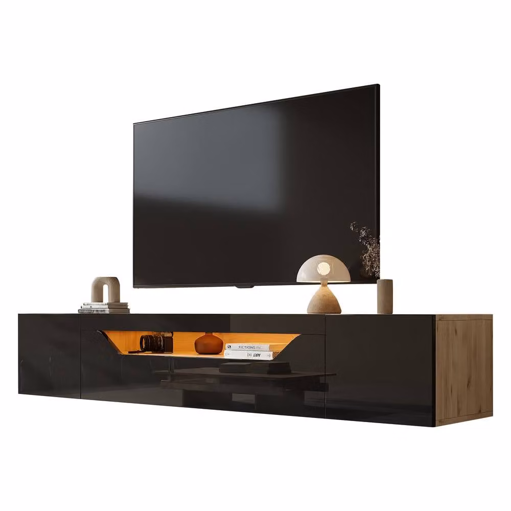 ModernLuxe High Gloss Floating TV Stand Cabinet with Integrated LED Lights and 2 Doors in Black, W: 180 cm, D: 37 cm, H: 36 cm – 3