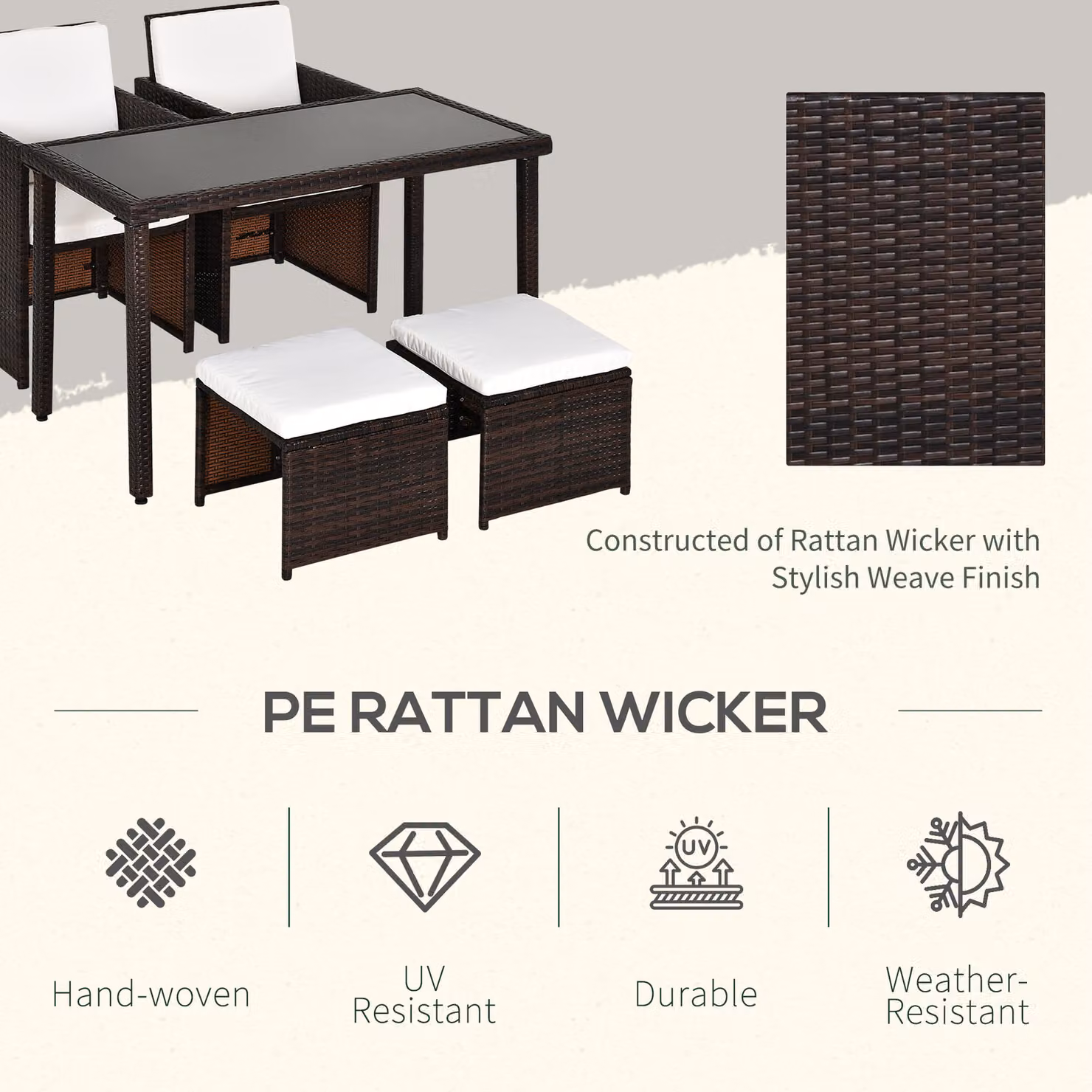 Outsunny 4-Seater Rattan Garden Furniture Set with Dining Table and Cushions in Brown – 4
