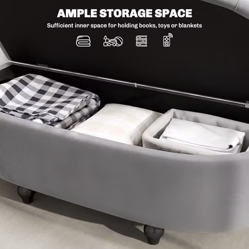 HOMCOM Semi-Circle Velvet Upholstered Ottoman Storage Bench in Grey, W/D/H: 120 x 46 x 42 cm – 6