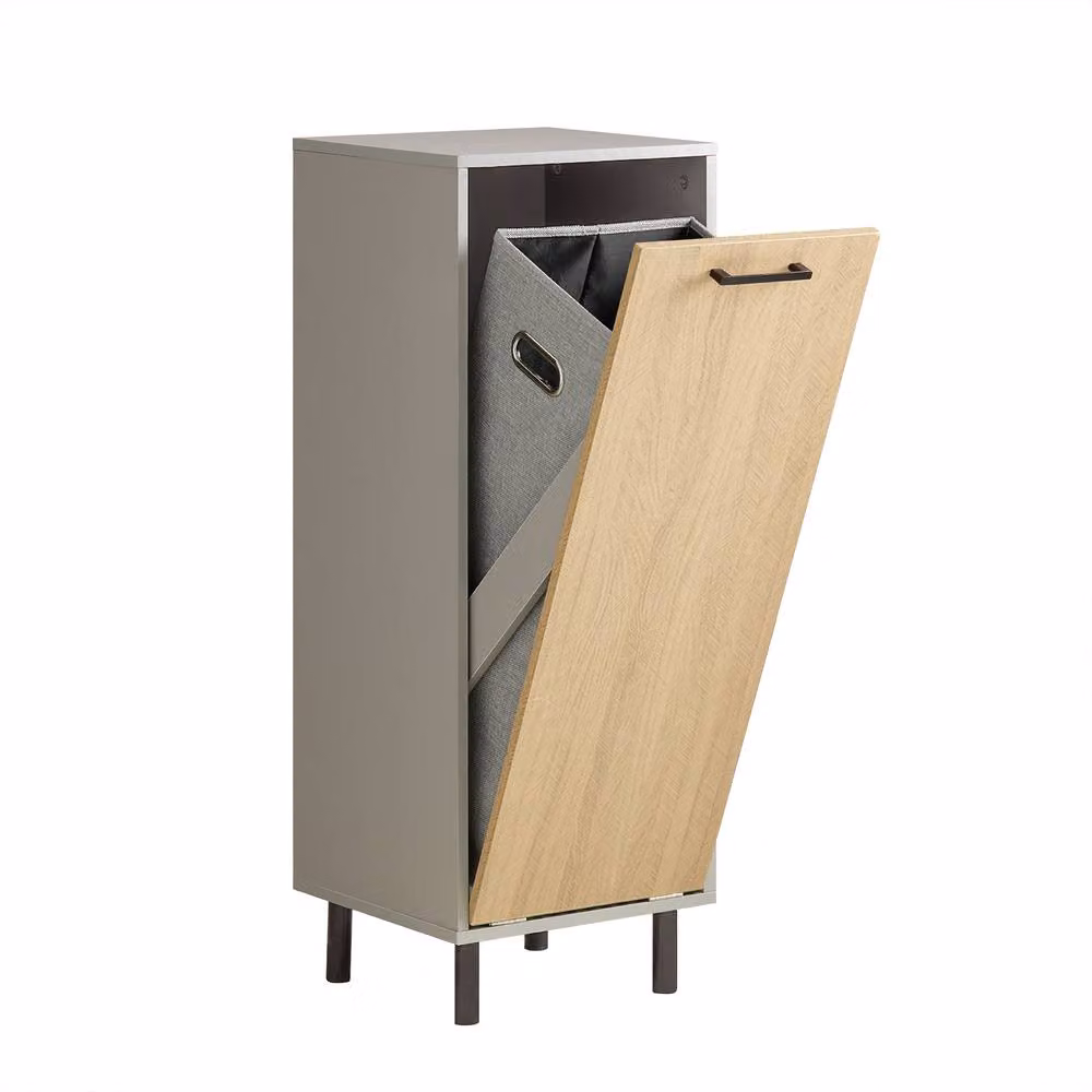 SoBuy Tall Narrow Bathroom Cabinet with Flip-Top Laundry Hamper in Light Oak – 2