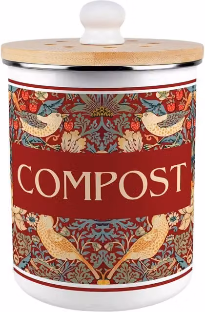 Wenko Strawberry Thief Red Metal Compost Caddy with Removable Inner Bucket and Odour Filter, 2L – 1