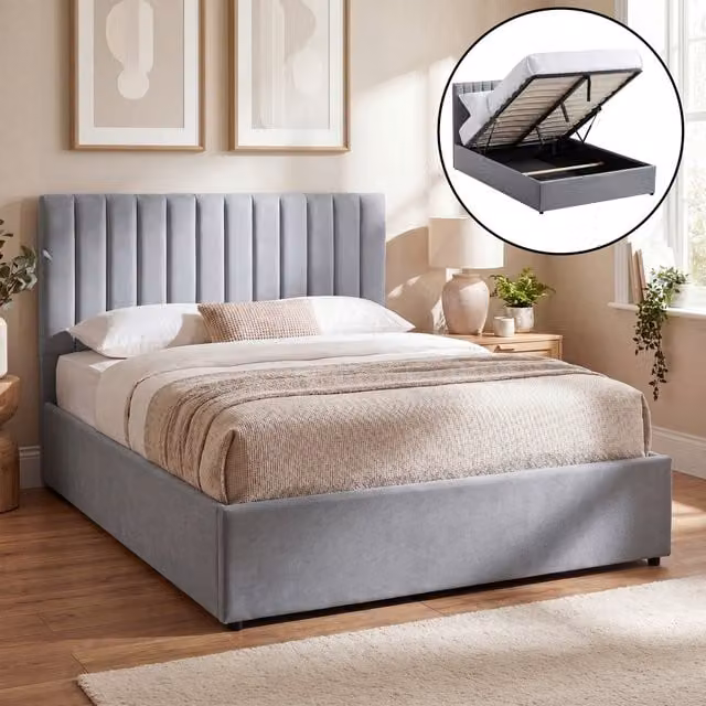 Vida Designs Vellaro Ottoman Fabric Bed with Mattress, Light Grey, King Size