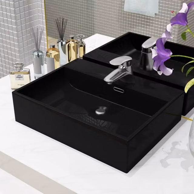 Berkfield Black Ceramic Rectangular Wall Mounted Basin with Faucet Hole W/D/H: 51.5 x 38.5 x 15 cm