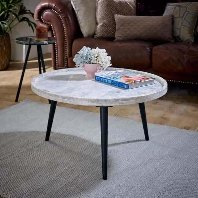 IH Design York Square Coffee Table with Marble Top and Mango Wood Legs in Brown and White, W/D/H: 70 x 70 x 36 cm