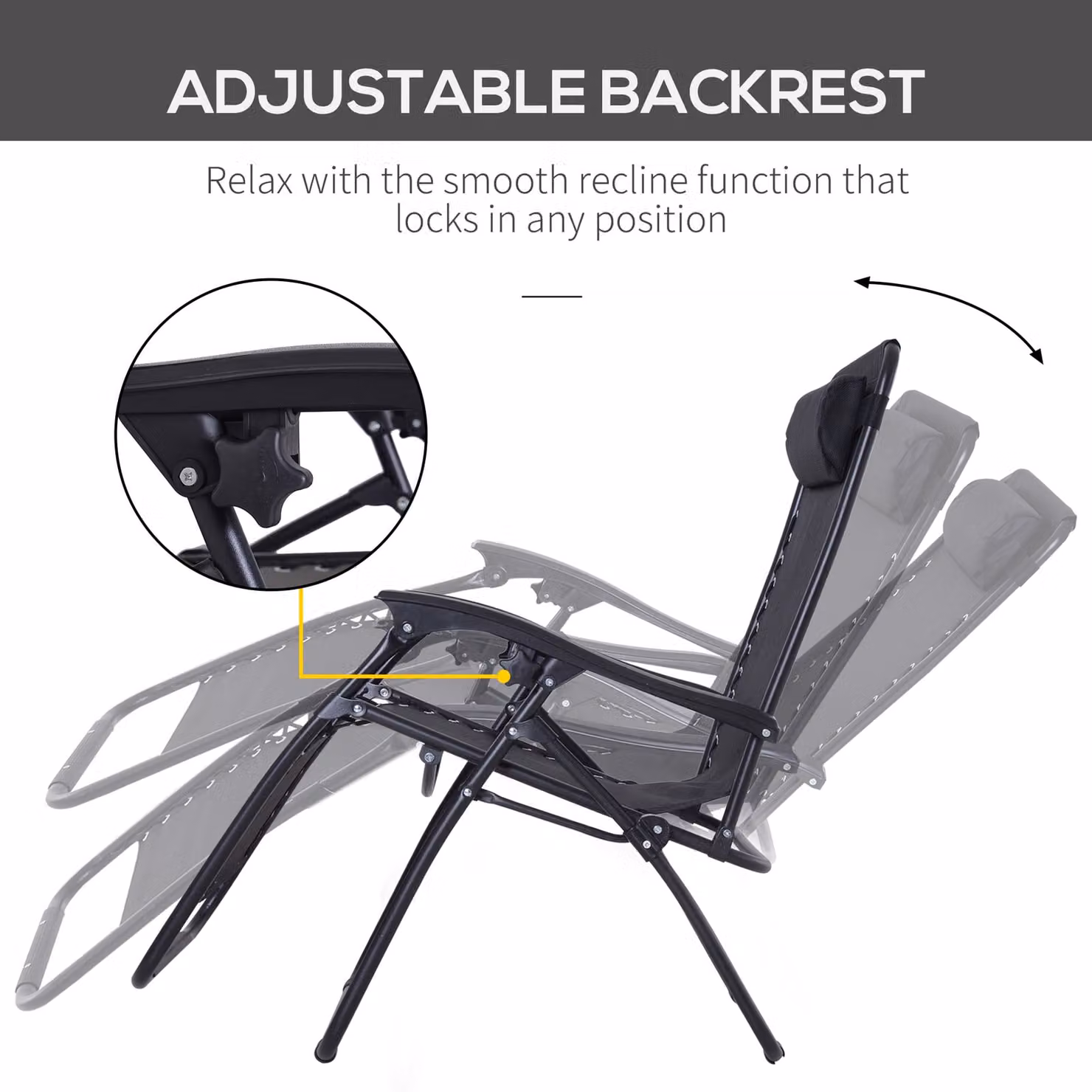 Outsunny Set of 2 Black Zero Gravity Reclining Sun Loungers with Metal Frame and Adjustable Headrest – 4