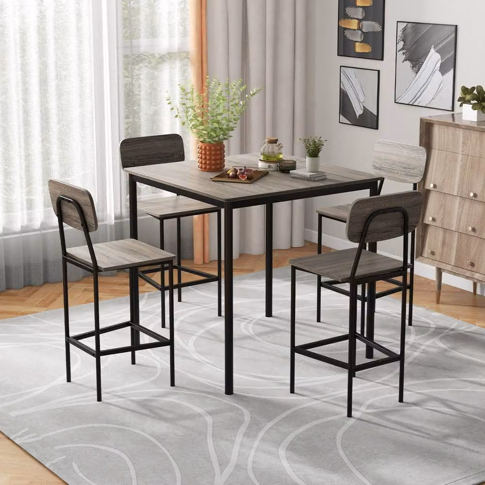 Gymax Industrial Dining Table Set with 4 Bar Stools in Grey – 3