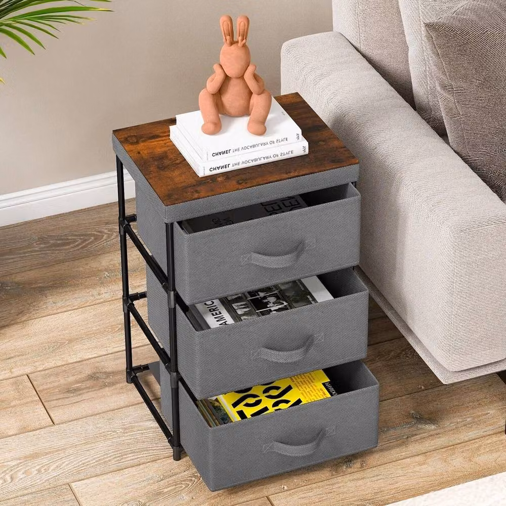 VOGREX 3-Tier Fabric Storage Chest of Drawers Nightstand in Grey – 3