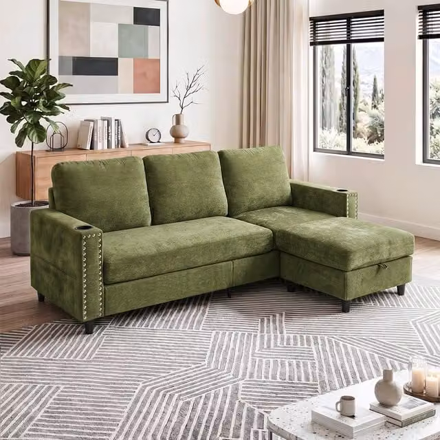 Livingandhome Reversible L-Shaped 3-Seater Sectional Sofa with Matching Ottoman and Cup Holders in Green Fabric