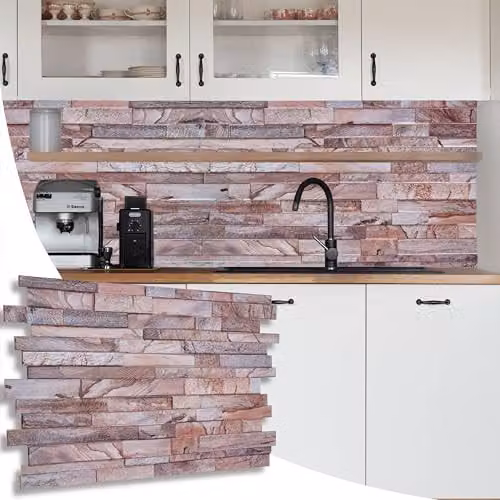 Novecrafto 3D Stone Look PVC Wall Cladding Panels in Pink, Brown and Grey, 6 Sheets, W/H: 96 x 48 cm