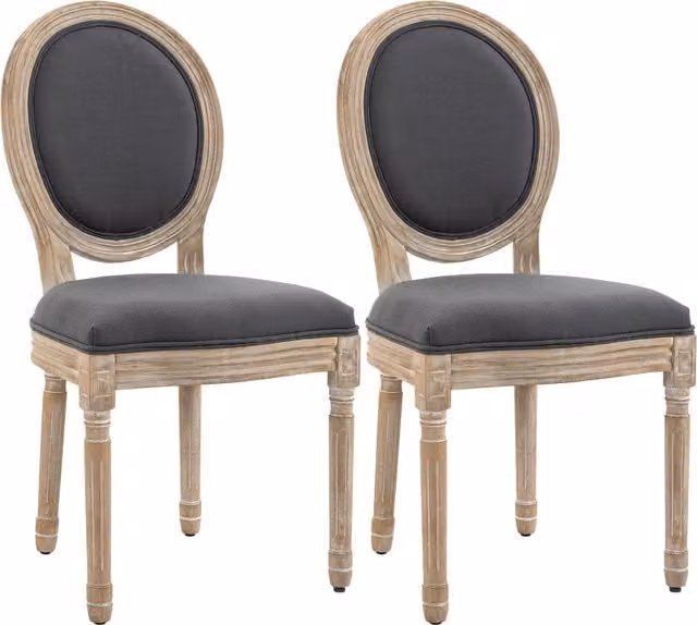 HOMCOM Set of 2 French-Style Dining Chairs in Grey Linen-Touch Upholstery with Rubberwood Legs – 1