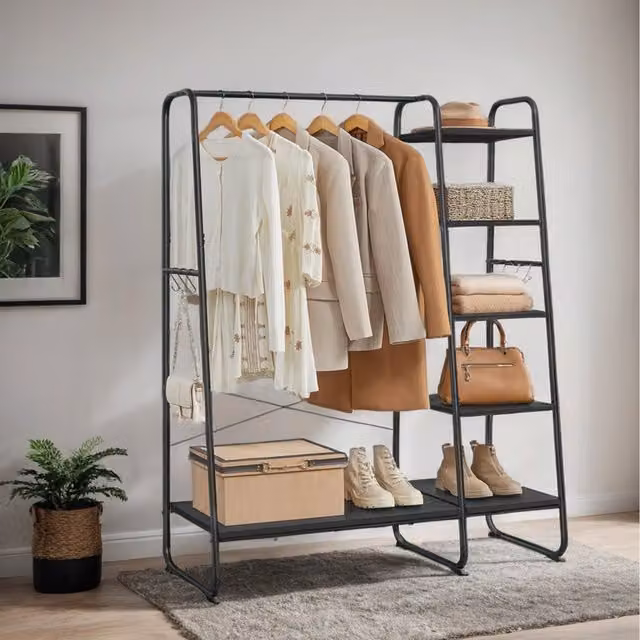 VASAGLE Clothes Rack with Shoe Rack and 6 Side Hooks, Ebony Black and Matte Black, H 160 x W 45 x D 40 cm