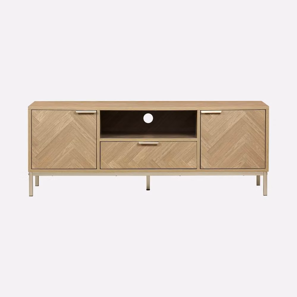 Sweekeec Modern Herringbone TV Unit in Light Brown with 2 Cupboards and 1 Drawer, Width: 120 cm – 2