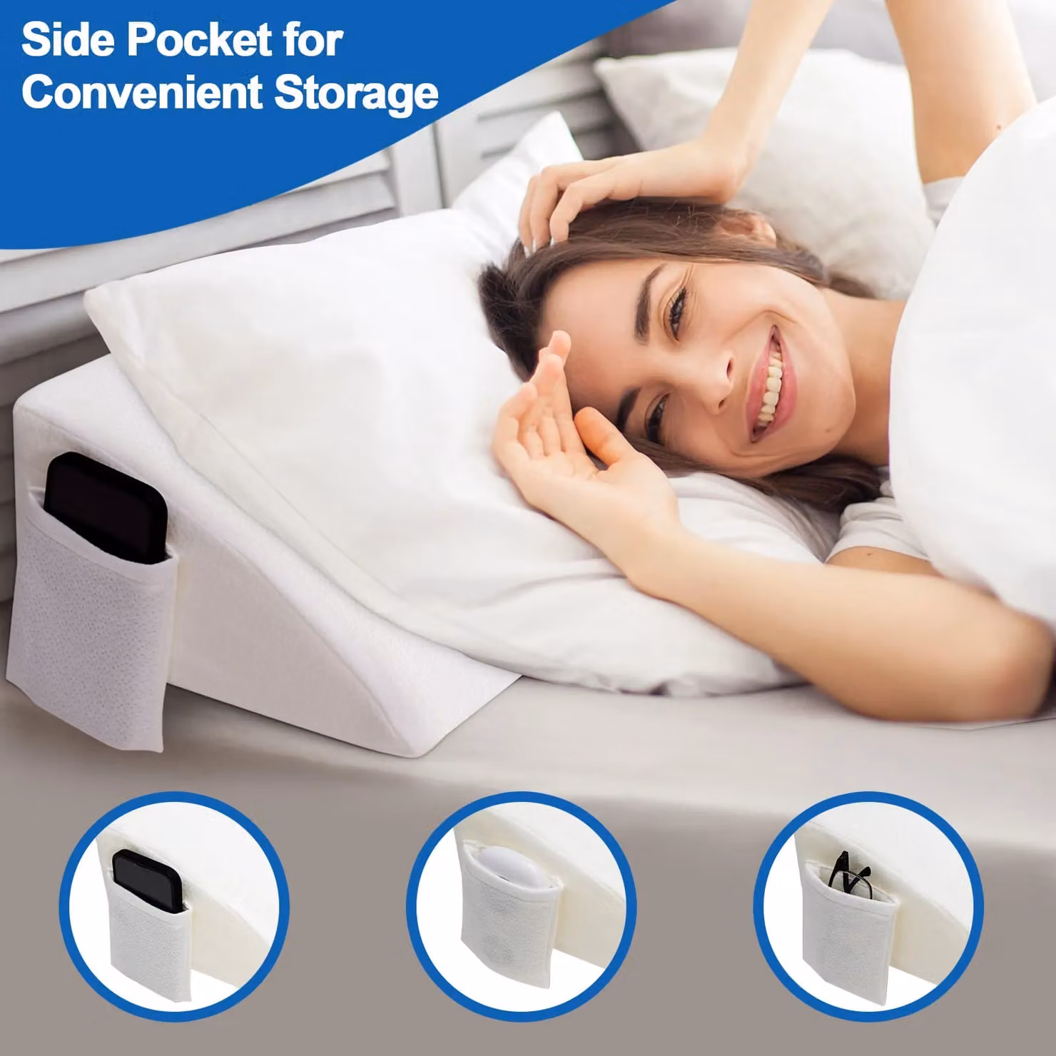 Gymax Queen Size White Foam Wedge Pillow Bolster with Side Pocket and Removable Machine Washable Cover – 2