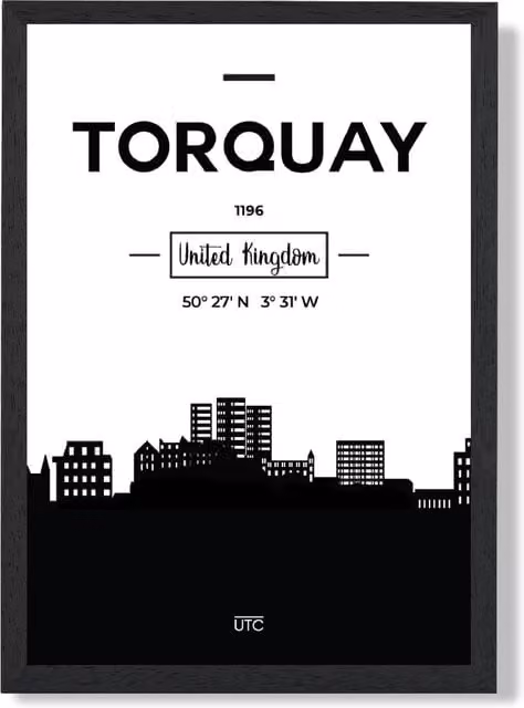 ARTZE Torquay City Skyline Framed Print in Black and White, A4 – 1