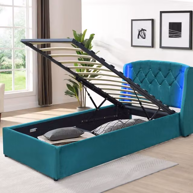 Comfy Living Upholstered Fabric Gas Lift Bedframe with LED Headboard in Green, W/D/H: 90 x 190 cm