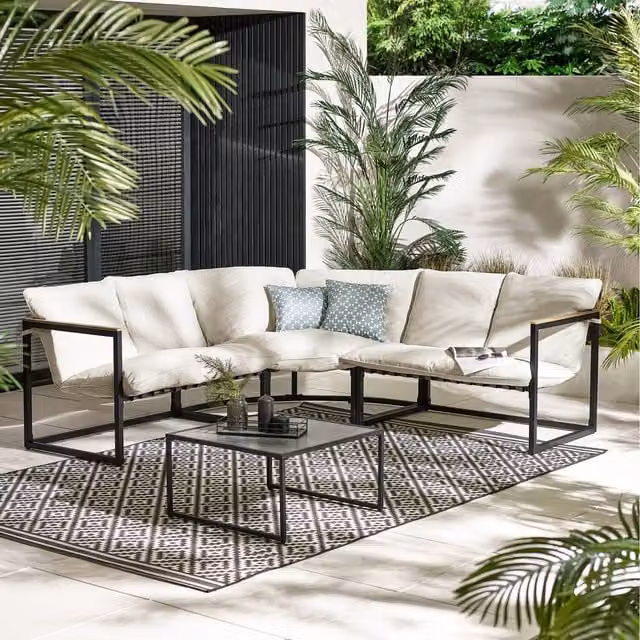 FurnitureboxUK Hydra Garden L-Shape Corner Sofa Set with Coffee Table and Ottoman in Beige