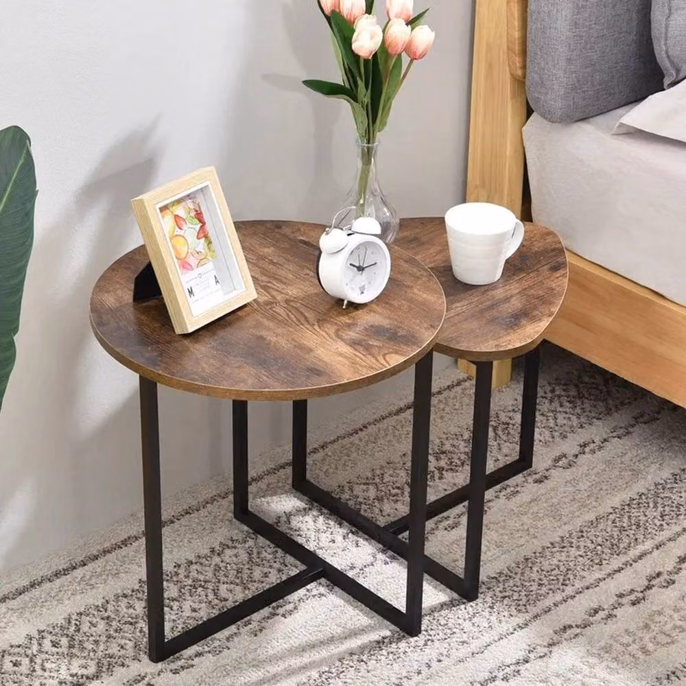 EONLION Set of 2 Industrial Round Nesting Coffee Tables in Brown and Black – 4