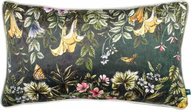 Wylder Nature Leilani Printed Chenille Rectangular Cushion in Teal Floral Design with Feather and Polyester Filling