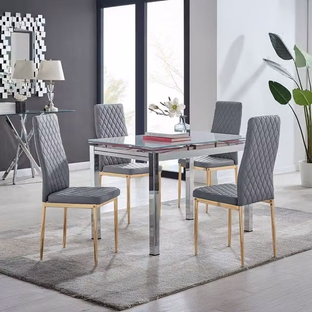 FurnitureboxUK Enna White Glass Extending Rectangular Dining Table and 4 Grey Milan Chairs with Gold Legs