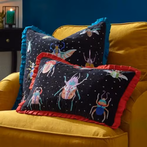 Wylder Tropics Darkling Beetles Embroidered Velvet Cushion in Black, W/D/H: 50 x 50 x 50 cm – 5