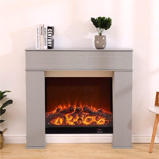 HMD Grey Fireplace Console Table with Hidden Storage Unit