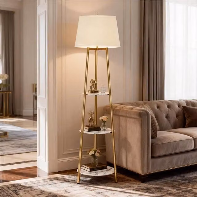 EONLION Modern Gold Floor Lamp with White Linen Cylinder Shade