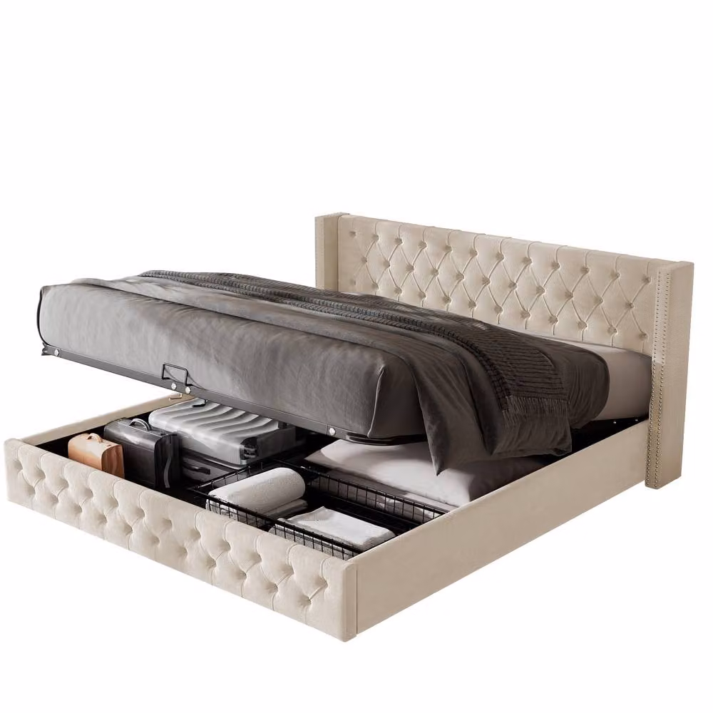 Matteo Beige Velvet Upholstered Bed with Hydraulic Lift-Up Storage, W: 150 cm, L: 200 cm – 5
